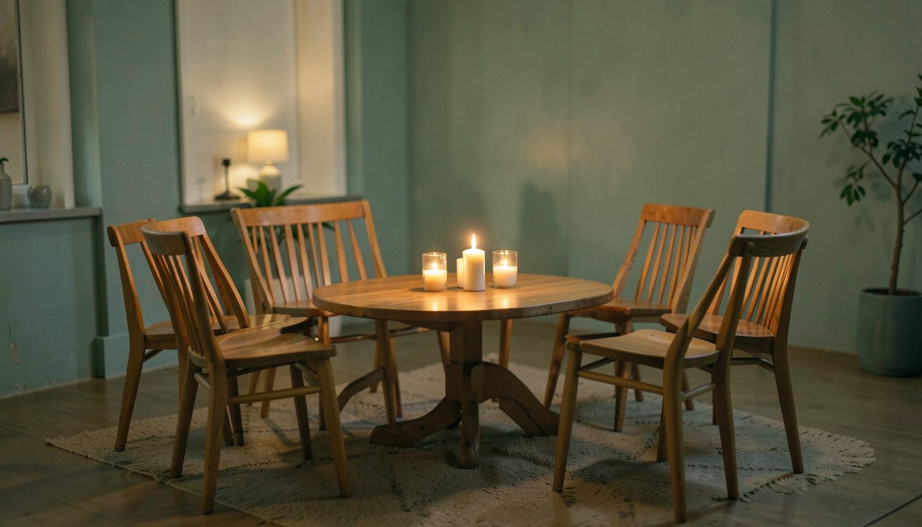 A warm, softly lit room with a circle of wooden chairs arranged around a small table with candles, evoking a calm community gathering space in soft teal and amber tones.