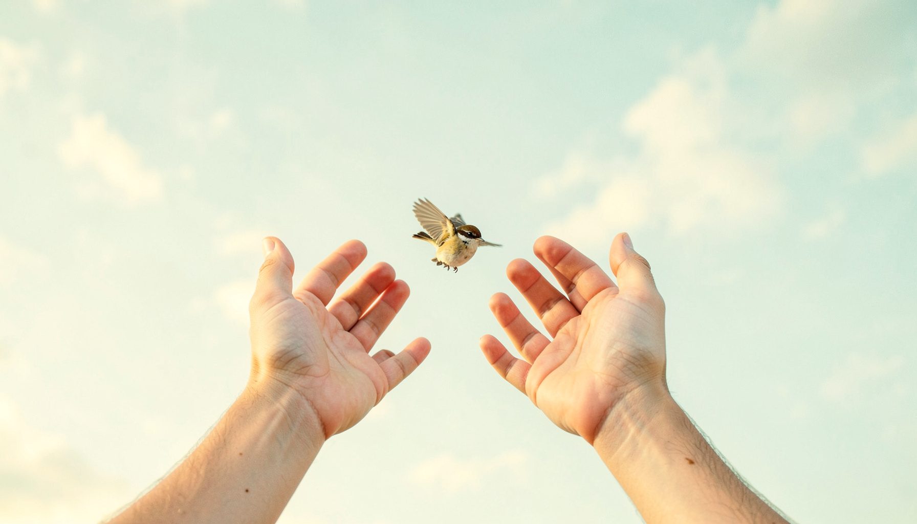 An overhead view of open hands releasing a small bird into pale sky, in soft cream and teal tones suggesting openness and care.